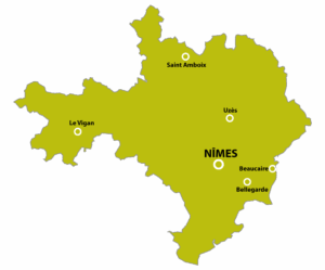 Carte du département du Gard, secteur d'intervention d'Omnium Sécurité